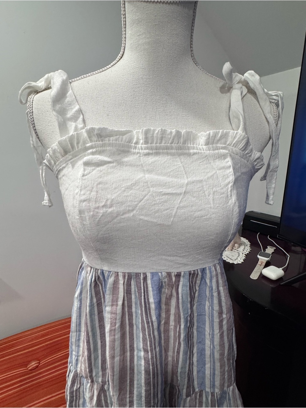 White Ruched Bodice Tiered Striped Maxi Dress - Picture 2 of 7